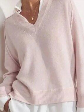 Brochu Walker The Looker Wool Cashmere V Neck Layered Sweater Baby Pink Large